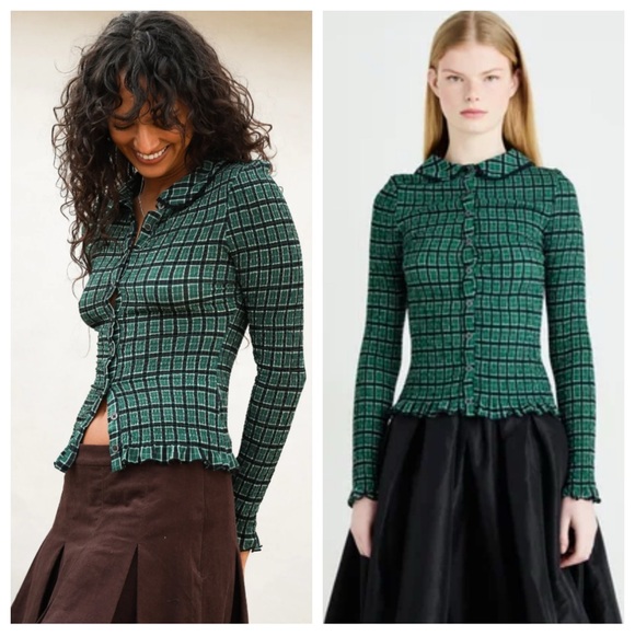 Free People Top Womens Small Green Check Button Up Peter Pan Collar Preppy Flaw - Picture 1 of 16